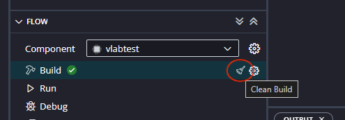 Vitis Flow panel with Clean Build broom icon highlighted