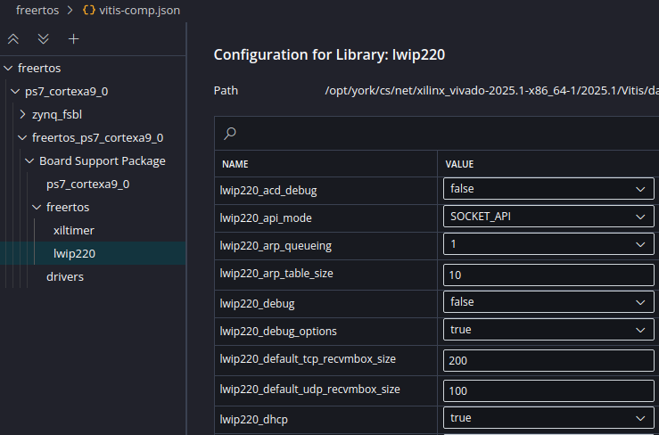 BSP settings showing lwIP api_mode and DHCP options highlighted