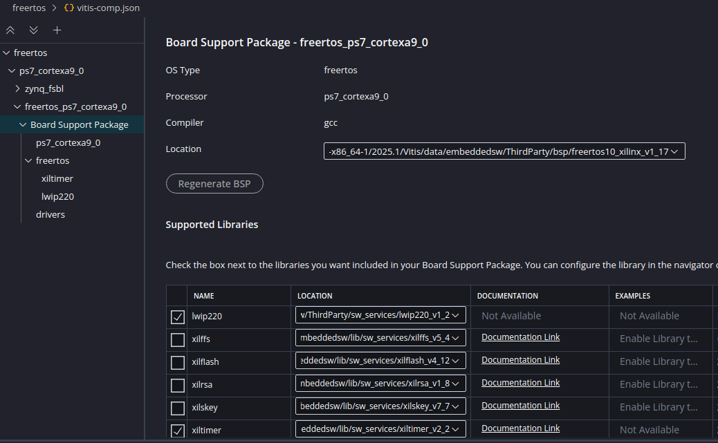 BSP settings showing showing lwip220 checked